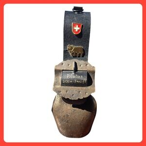VINTAGE‎ Swiss PILATUS 2132m Cow Bell Leather Strap Farmhouse Rustic Decor LOUD